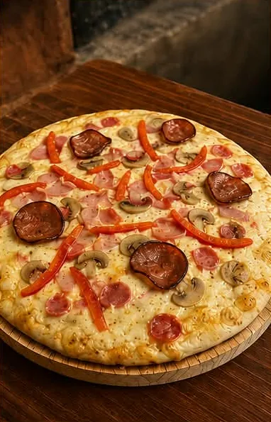 Pizza with ham, chorizo, mushrooms and bell pepper
